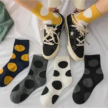 5 пар, женские носки, Осень-зима, новые модные женские носки в горошек, женские хлопковые плотные высокие носки для девочек