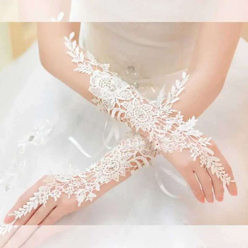 Женские свадебные вечерние вышитые полые цветочные кружевные перчатки для невесты без пальцев блестящие стразы локоть длинный крючок рукавицы