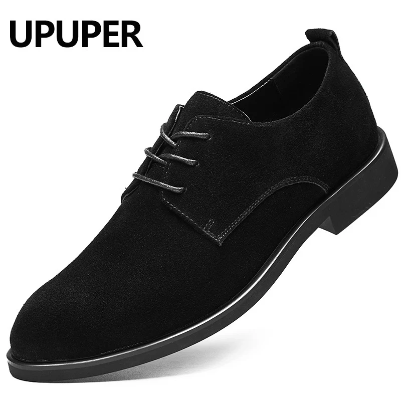 Черный UPUPER из коровьей замши Для мужчин, кожаная обувь на плоской подошве комфортная Повседневное Туфли-оксфорды Для мужчин из натуральной кожи классические кроссовки размер 38-48 - Цвет: Черный