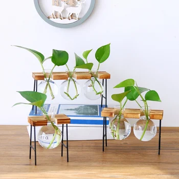

ins Nordic wooden iron frame hydroponic container glass vase small bench storage rack transparent glass vase
