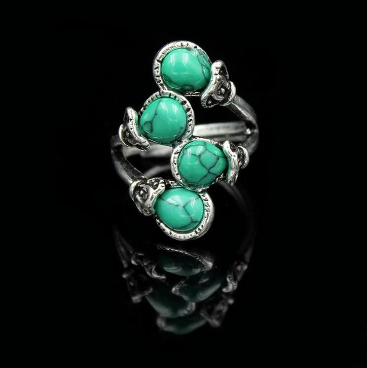 Fashion Bohemia Calaite Stone Rings Tibet Antique Silver Color Rings Alloy Carving Rings Leaf Branch Finger Rings For Women - Цвет основного камня: Green