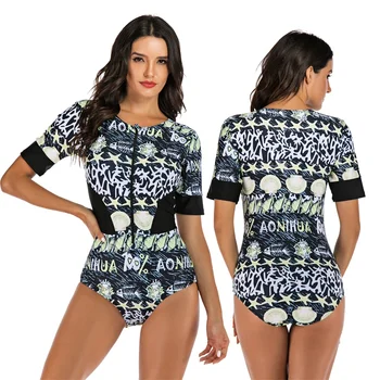 

2020 Print Zipper Patchwork One Piece Swimsuit Long Sleeve Swimwear Women Bathing Suit Retro Swimsuit Vintage Surfing Swim Suits