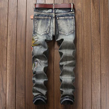 

Harajuku Designer Men Hole Ripped Jeans Personalized Fashion Men Embroidery Flower Vintage Denim Pants Casual Washed Trousers