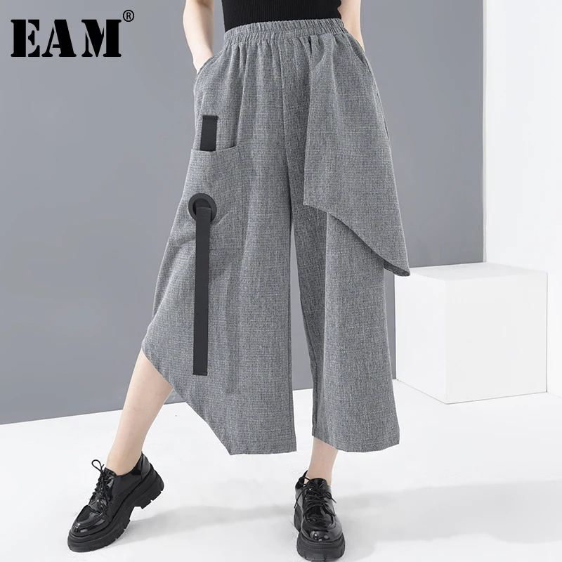 [EAM] High Elastic Waist Gray Buckle Wide Leg Trousers New Loose Fit Pants Women Fashion Tide Spring Summer 2020 1T77102