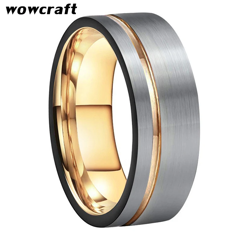 Tungsten Men's Rings Black and Rose Gold Wedding Engagement Band Brushed Finish Fashion Jewelry Grooved Ring Sizes 5 to 15