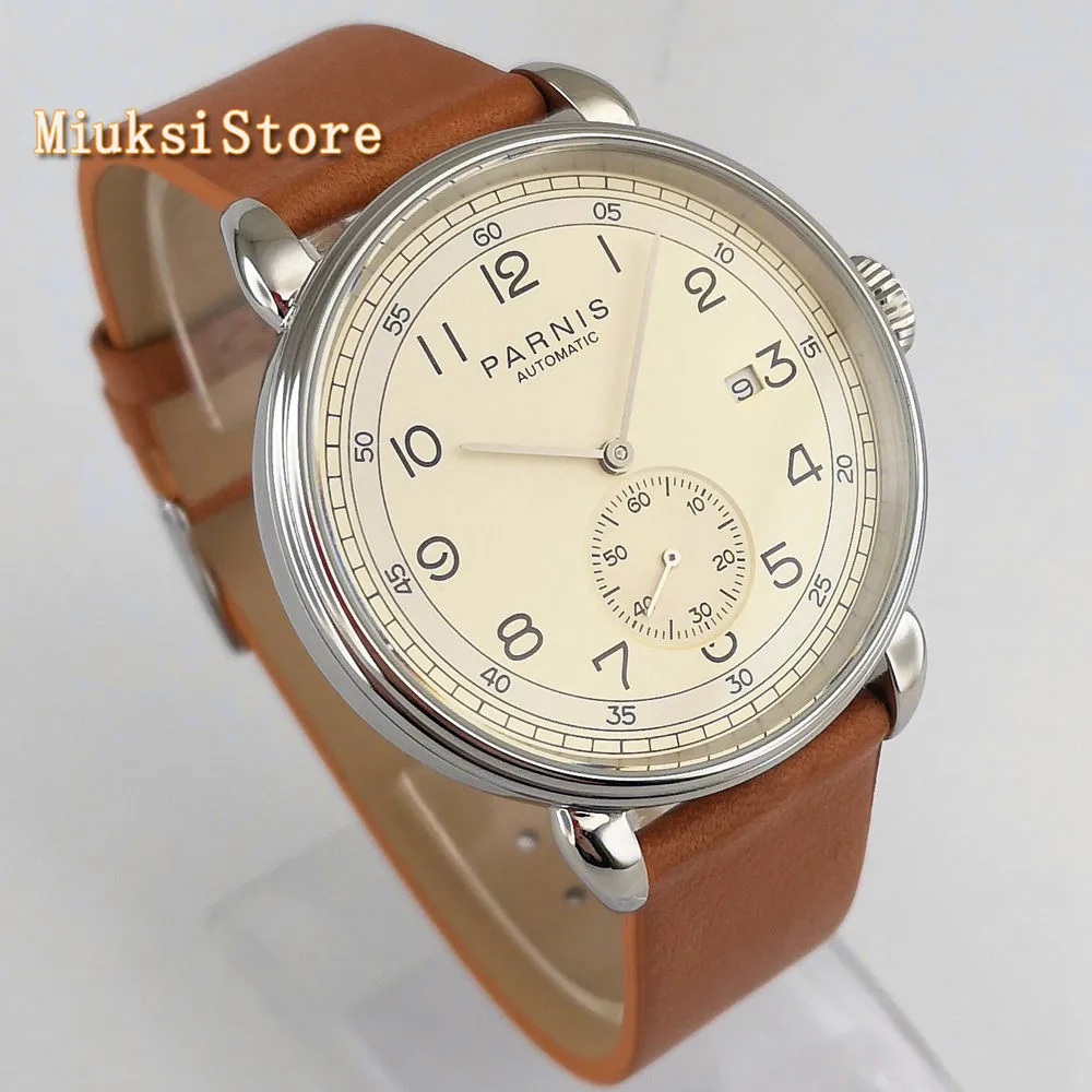 42mm top brand Parnis new men's mechanical watch silver case date leather seagull 1731 automatic movement fashion watches