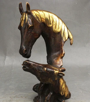 

7" Folk Chinese Fengshui Bronze Gilt Art Success 2 Horse Head Animal Statue