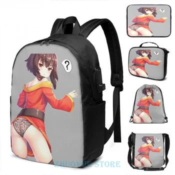

Funny Graphic print Megumin Confused USB Charge Backpack men School bags Women bag Travel laptop bag