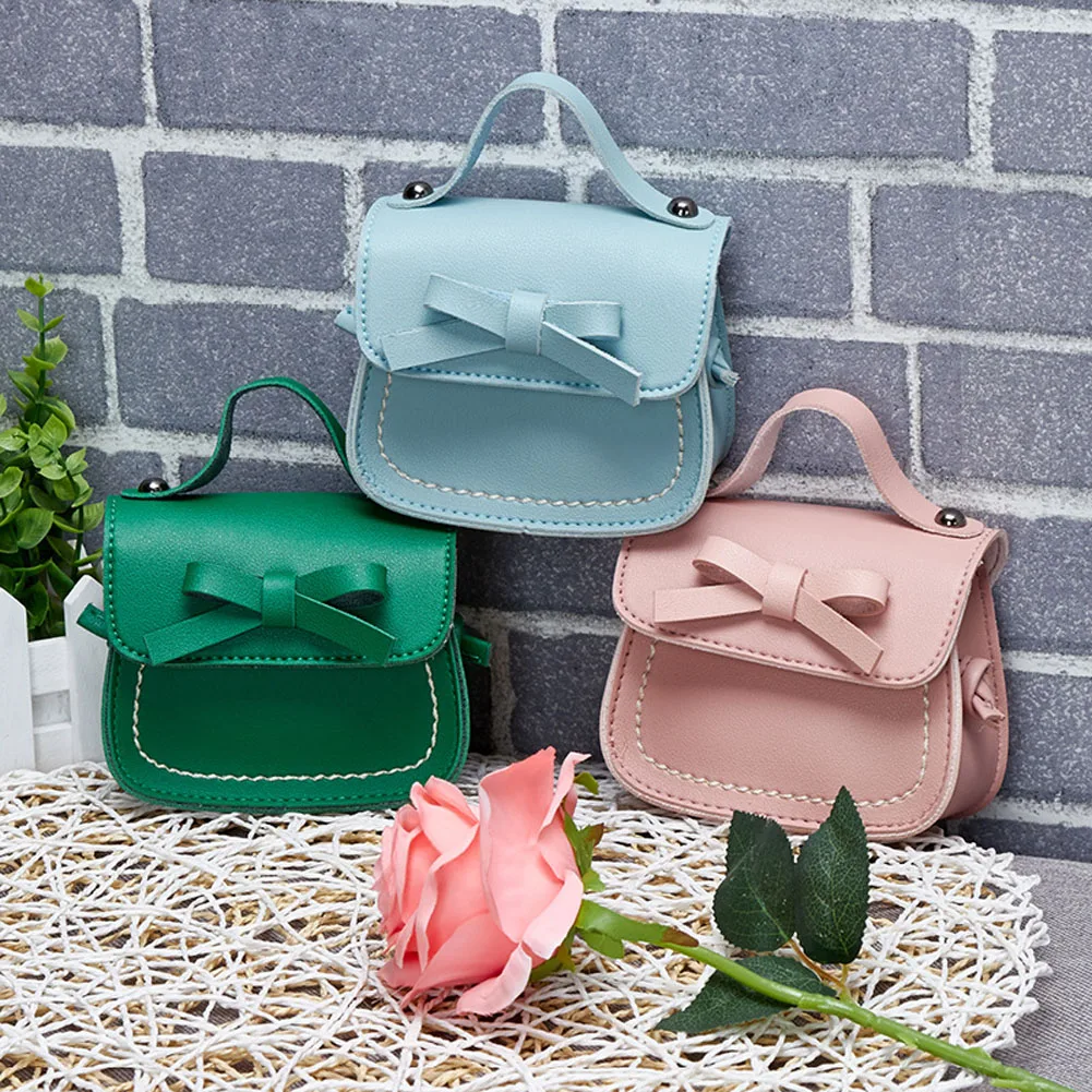 New Children Girls Cute Bowknot Pure Color Handbags Kids Leather Shoulder Bags Mini Crossbody Bag Clutch