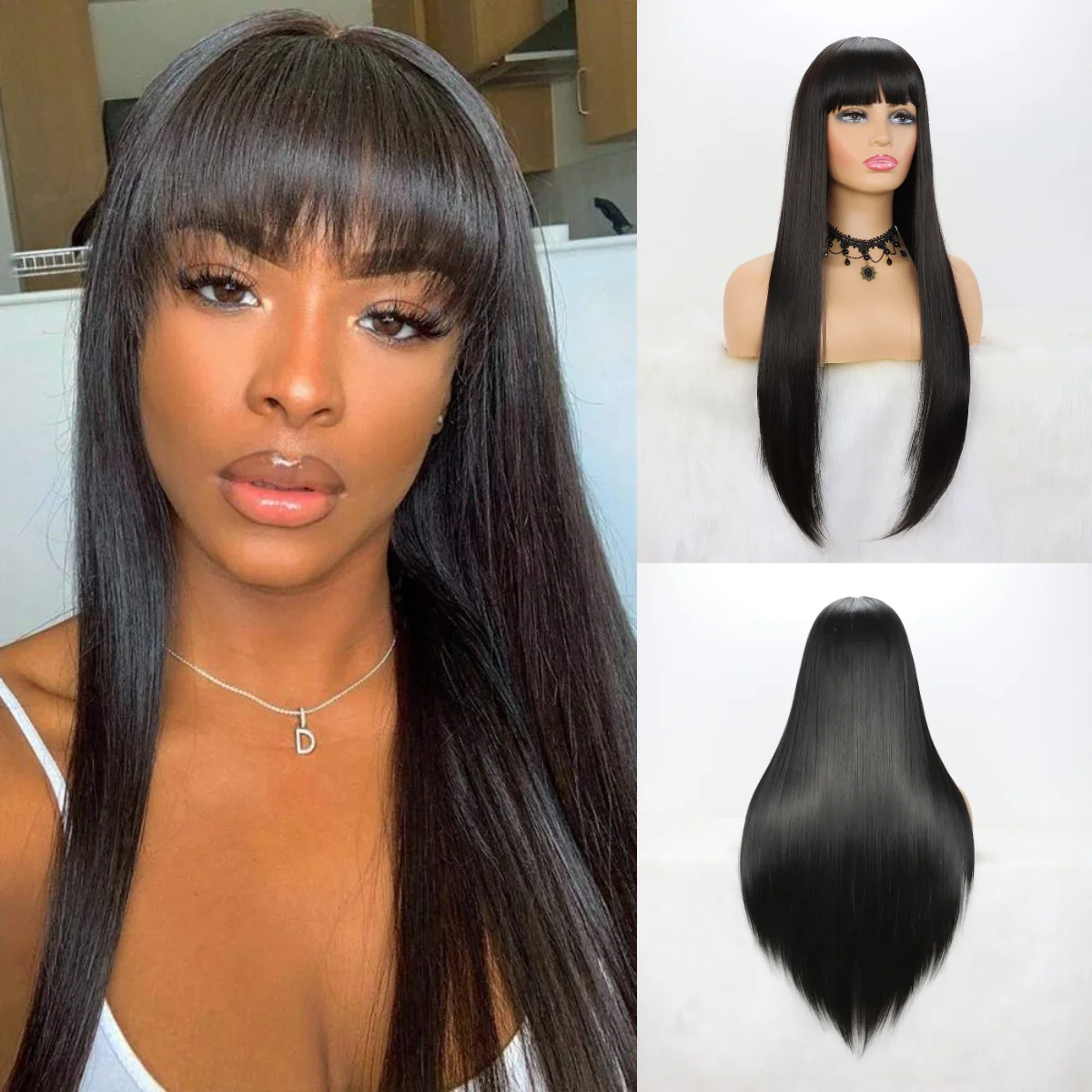 Длинный прямой черный парик с челкой