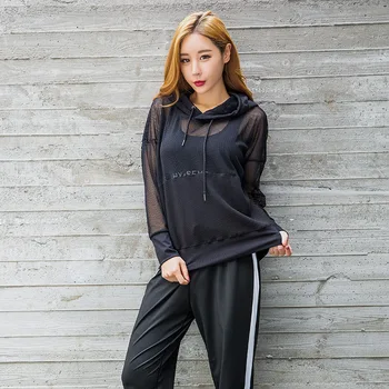 

South Korea gauze lady suit women's running three-piece sexy blouse stitching pants fitness suit