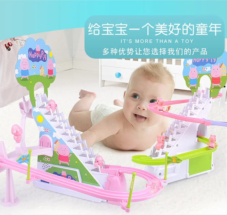 Hot Selling Manual Piggy Climbing Stairs Rotating Slide Rail Car Toy Children Mini DIY Assembled