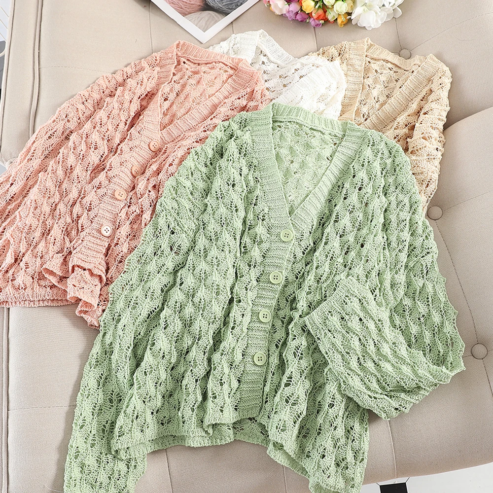 

SKOONHEID Women Hollow Solid Knitting Cardigans V-Neck Long Sleeves Plus Size Elegant Sweaters Casual 2019 Autumn Knitted Tops