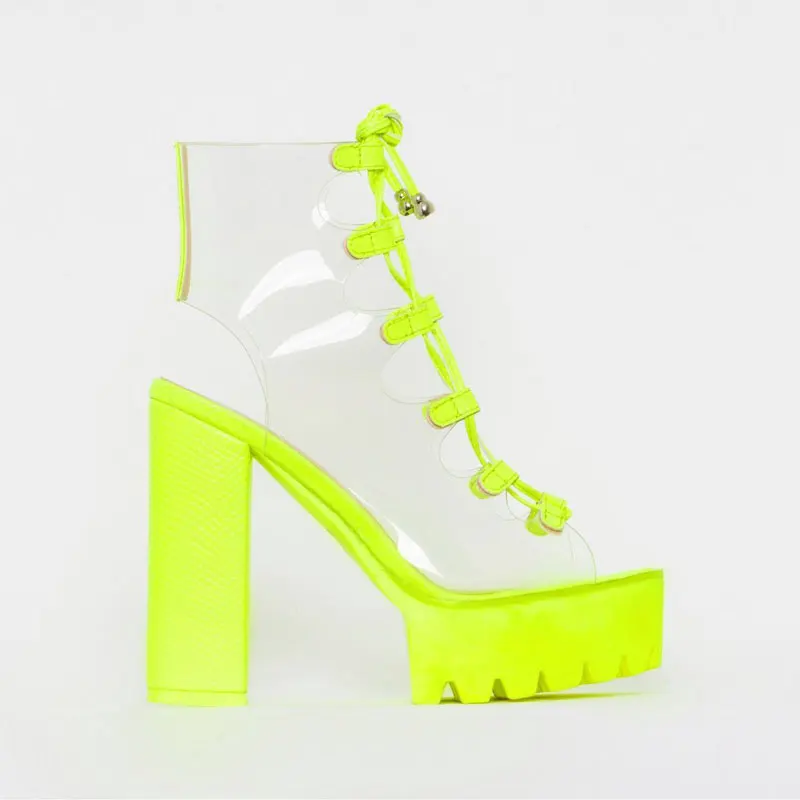 Неоновые зеленые пластмассовые прозрачные сандалии летние сандалии-гладиаторы на высоком каблуке с открытым носком на шнуровке прозрачные босоножки на платформе Большие размеры 43 - Цвет: Neon Green