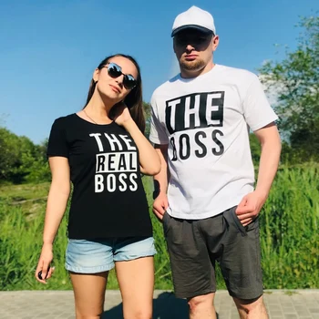 

Funny The Boss/The Real Boss Couple Matching T-shirts Anniversary Newlywed Tops Lover T Shirt for Men Women Valentines Day Gift