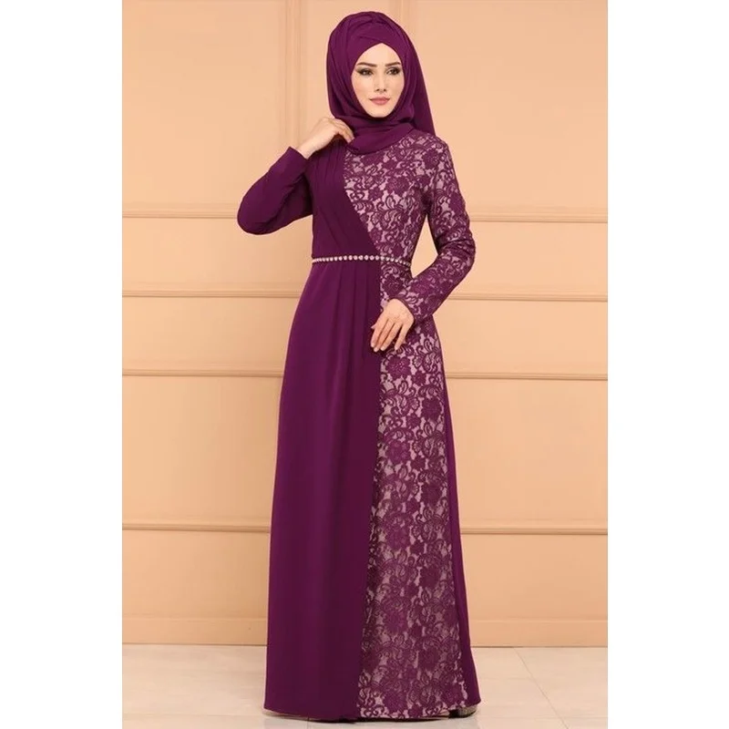 Новое модное арабское Абая мусульманское кружевное платье с длинным рукавом длиной до пола, элегантный кафтан абайя мусульманские исламские длинные платья - Цвет: Фиолетовый
