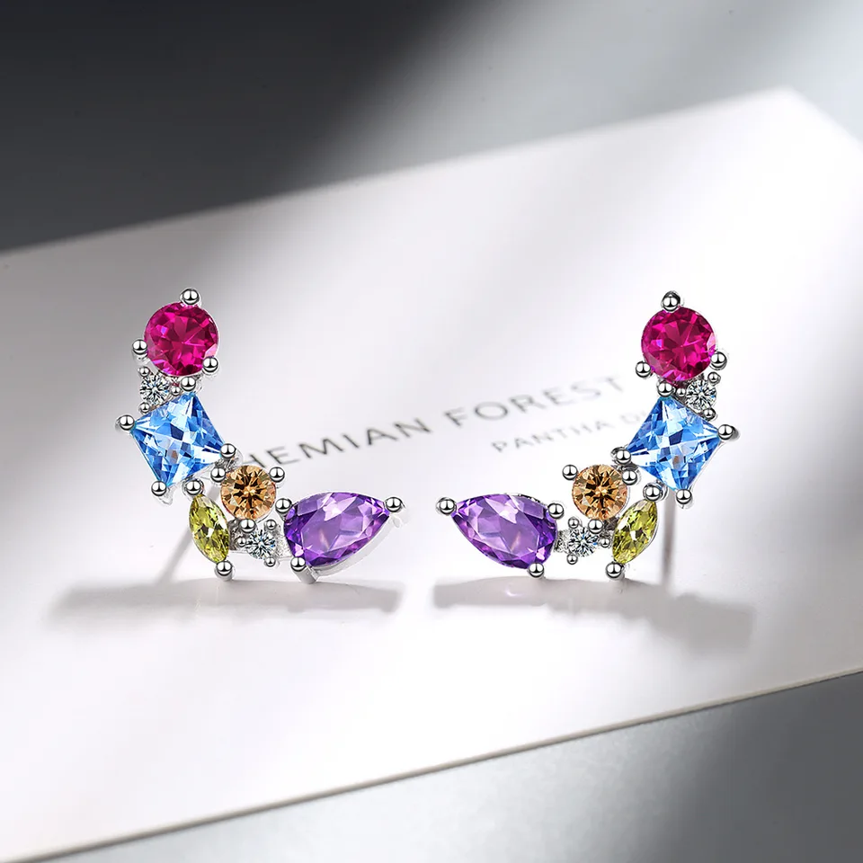 Multi-Stone Chunky Huggie Earrings in Silver | Multi-Colored Cubic Zirconia Statement Hoop Earrings Studded CZ Jewelry for Women