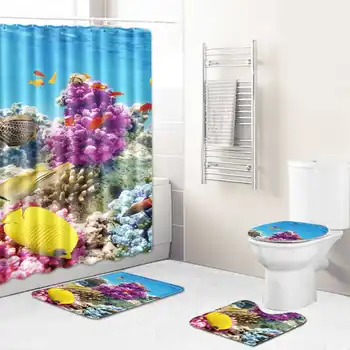 

Non-slip Absorbent Bathroom Set Marine Colorful Toilet Seat Shower Curtain Carpet Bathroom Mat Set With 12 Hooks For Bathroom