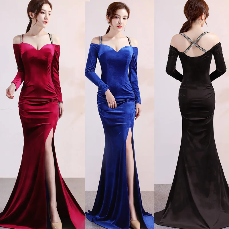 

Autumn winter Women Sexy off shoulder velvet Long sleeve Formal Evening Dresses Female backless Maxi long Party Dress Gowns Robe