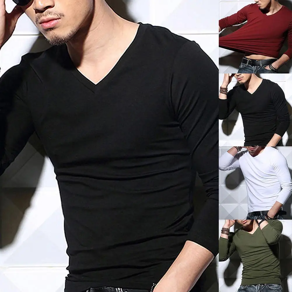 

Casual Men Solid Color Long Sleeve V Neck Cotton Pullover Plus Size Wild Cotton Slim Sweatshirt