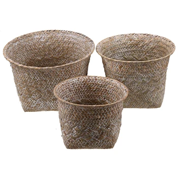 

1Pc Storage Baskets Natural Seagrass Laundry Straw Patchwork Wicker Rattan Garden Flower Pot Planter Hamper Basket
