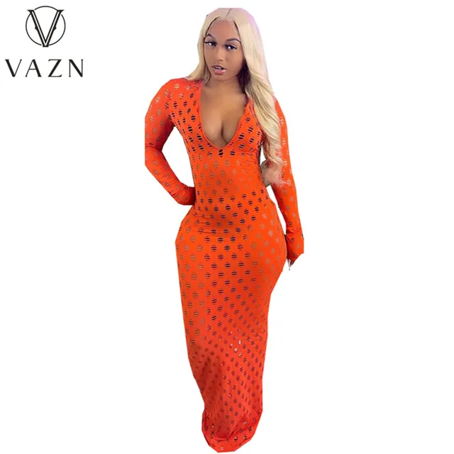 VAZN 2021 Spring High-end Sexy Night Club Solid Hollow Out Open Deep V-Neck Full Sleeve High Waist Women Pencil Maxi Dress 2