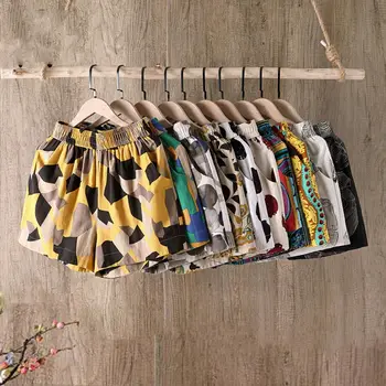 

Women's Summer Cotton Linen Wide Leg Shorts Elastic Wasit Print Casual Loose Short Pant Female 2020 Plus Size Lady Home Shorts