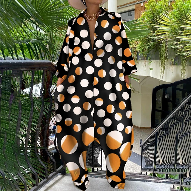 One Piece Sets Summer Casual Loose Oversize Long Sleeve Plaid Overalls Graphic Print Buttoned Pocket Design Casual Jumpsuit Orange