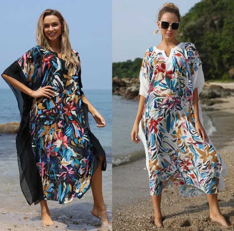 

Loose Bohemian Print V-neck Bikini Cover-ups Summer Dress Beach Tunic Bobe De Plage Pareo Bathing Suit Saida De Praia