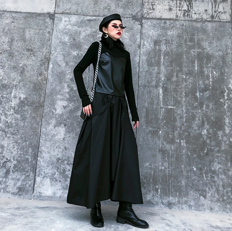 [EAM] High Elastic Waist Black  Buckle Split Joint IrregularHalf-body Skirt Women Fashion Tide New Spring Autumn 2020 1DA108
