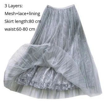 

Korean Style Fashion Women Spring Summer 2020 A-line Long Skirts Femme Elastic High Waisted Elegant 3 Layers Mesh & Lace Skirts