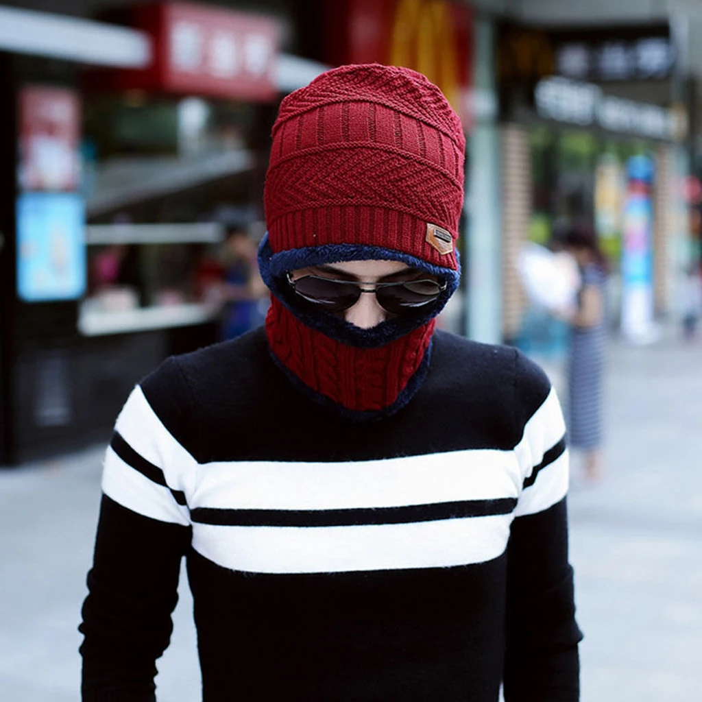 2PCS Men's Women's 2 Sided Beanie Winter Warm Knit Ski Knitted Scarf Hat Windproof Couple Hat Slouchy Hats with Pom Scarves