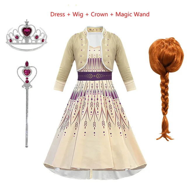 Wig 4pcs Платье «Принцесса Эльза» для девочек «Холодное сердце» 2 queen костюмы Эльзы из мультфильма "Снежная королева", и по выбору платье Анны для костюмированной вечеринки, платья принцессы для детей, рождественское платье ко дню рождения, одежда - Цвет: Wig 4pcs