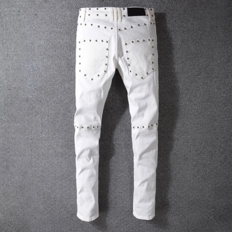 Мужские байкерские облегающие джинсы высшего качества заклепки брюки карандаш