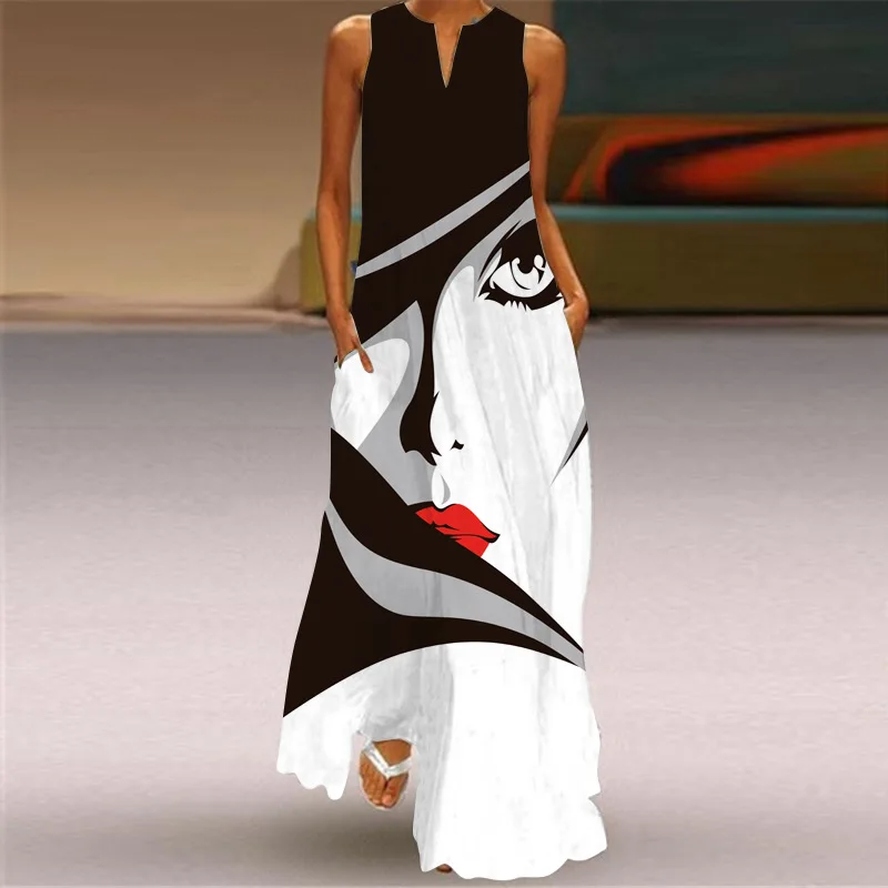 

Face Printed Sleeveless Maxi Dress Women 2022 Summer Fashion Casual Beach Long Dresses Lady Sundress Female Party Dress Vestidos