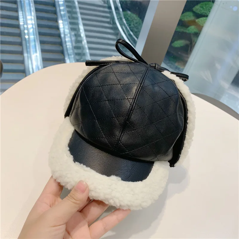 01910-юаней зимняя теплая искусственная кожа защита ушей ПУ Skullies Beanies кепка мужская женская уличная шапка для отдыха