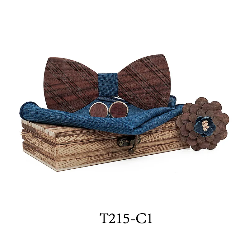 Traje de corbata hueca con caja para camisa de traje y accesorios de camisa de esmoquin Hinleise Gemelos cuadrados de madera con pajarita y bolsillo para hombre 