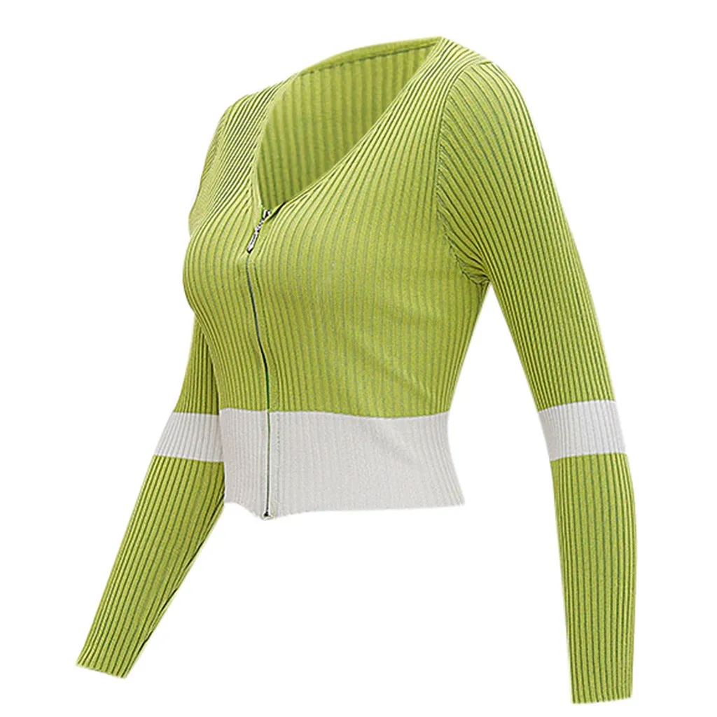 coats and jackets Women Autumn Long Sleeve Color Splicing Zipper Knitting Pullover Short Blouse chaquetas mujer manteau femme