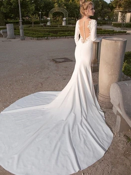 

Sheer Illusion Back Slim Fitted Wedding Dress Vestido De Noiva Bridal Gowns Long Sleeve Long Trail Mermaid Appliques Lace
