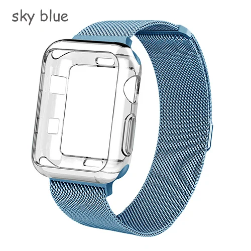 Ремешок+ чехол для apple watch Band Milanese Loop apple watch 4 3 band iwatch band 42 мм 38 мм correa 44 мм/40 мм pulseira ремешок для часов - Цвет ремешка: sky blue