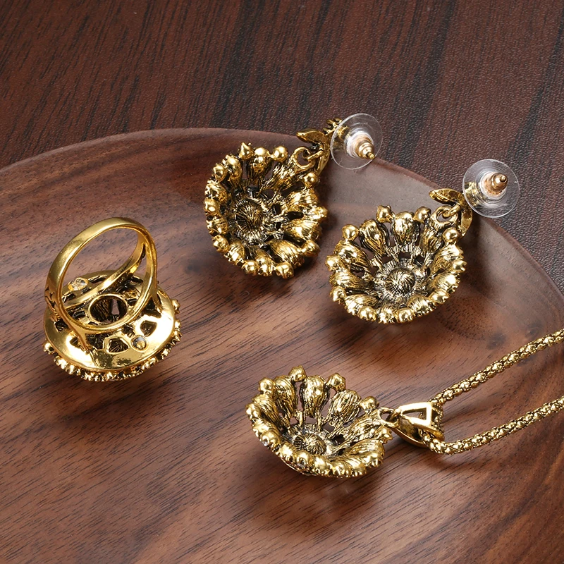 Ethnic Bride Crystal Flower Earring Ring Jewellery Set