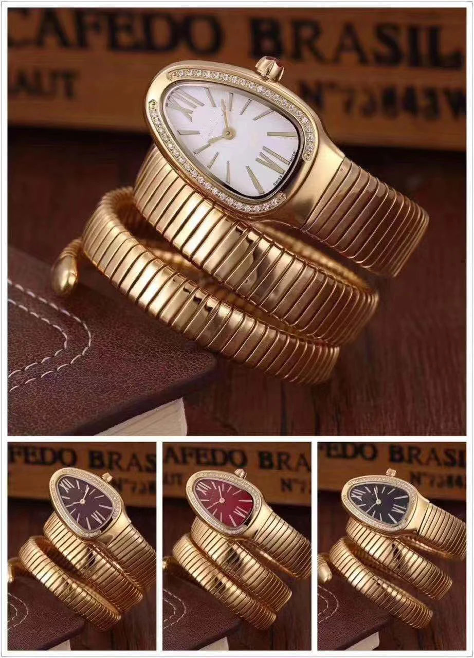 

Luxury Brand New Women Snake Bangle Yellow Gold Long Bracelet Diamond Bezel Rome Japanese Quartz Stainless Steel Sapphire Watch