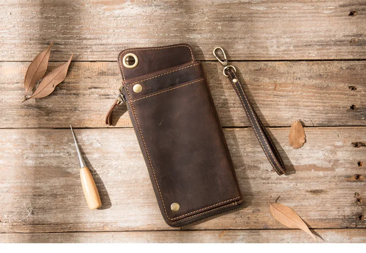 Handmade Cowhide Long Wallets Retro Made Old Multi-card Bag Men's Handbag Genuine Leather Large Capacity Zipper Purse Clutch Bag