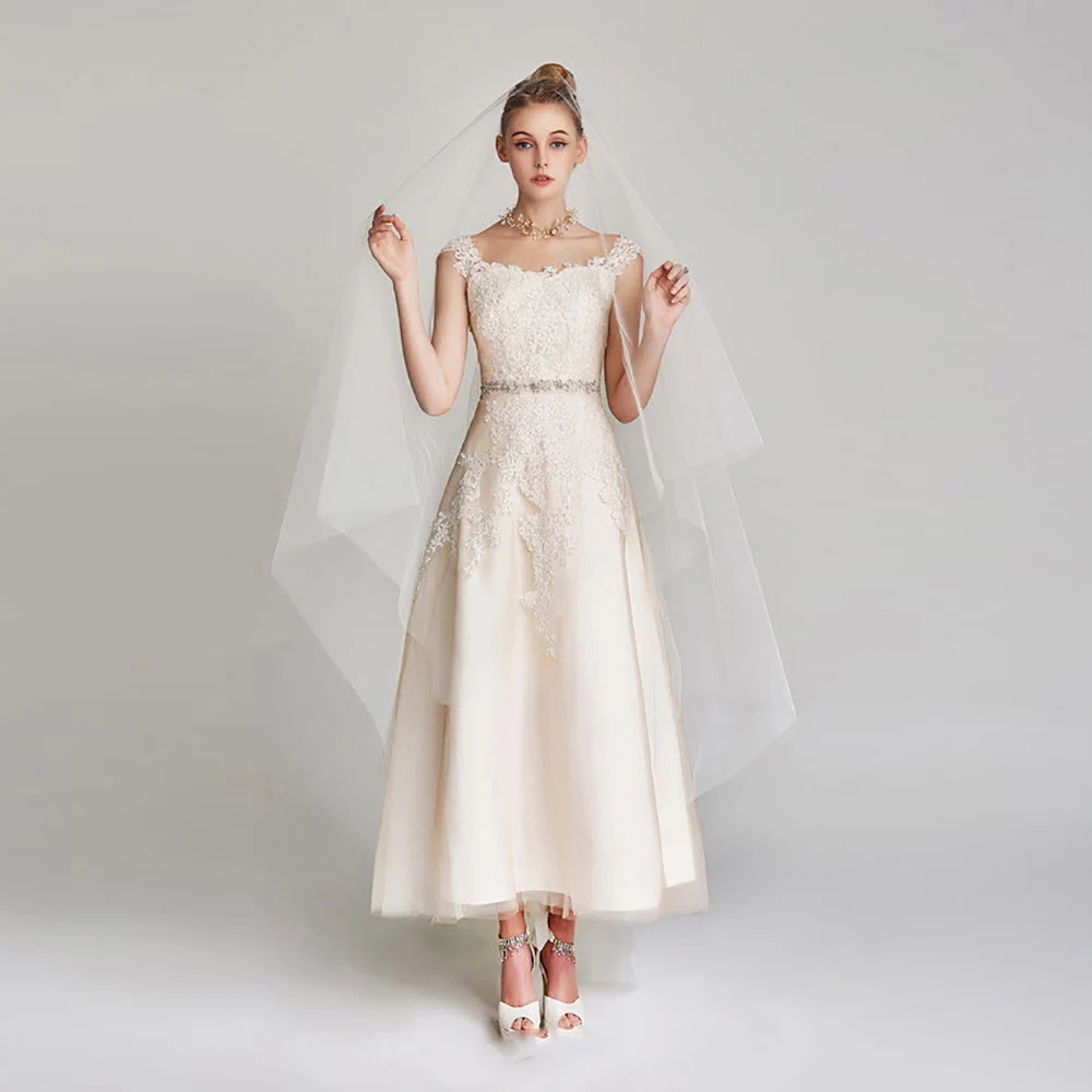 7283 20 De Réductionrobe De Mariée Courte Robes De Mariée 2019 Dentelle Appliques Simple Robe De Mariée Courte Pour Fête Cheville Longueur A Ligne