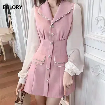 

Princess Women's Dress 2020 Spring Fashion Ladies Notched Collar Crystal Beading Button Deco White Pink Color Block Dress Sweet