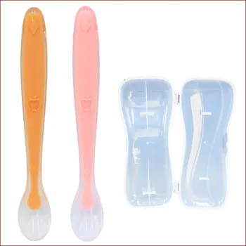 

Baby Feeding Spoon Safety Utensils Patchwork Children Tableware Easy Clean Double Color Newborn Baby Spoons Fork Soft Silicone