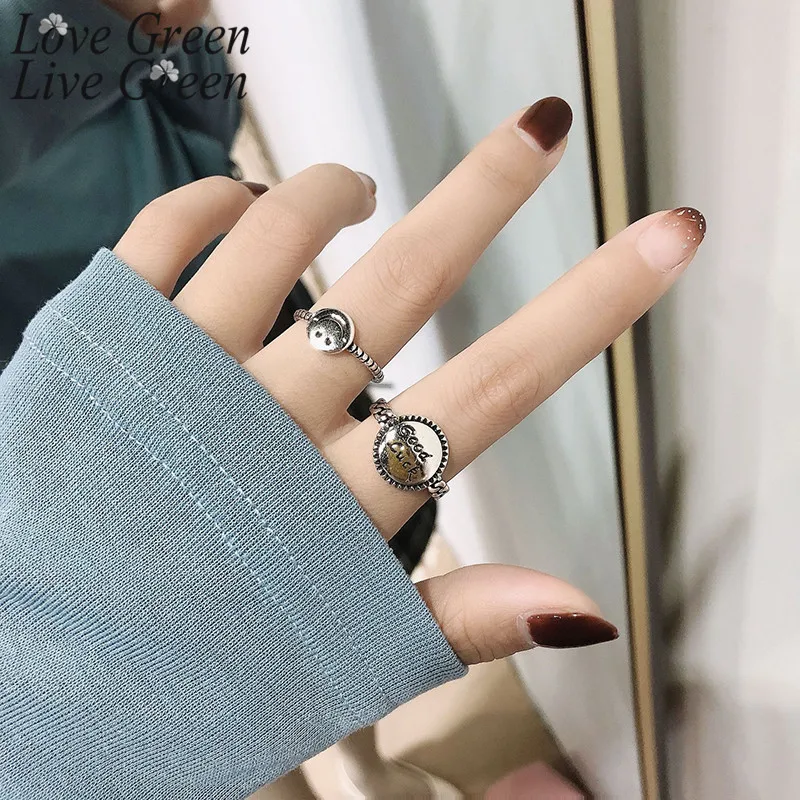Retro Goodluck Round Smiley Chain Ins Rings Letter Female Index Finger Opening Fashion Personality Jewelry Lucki Charm Ring | Украшения и