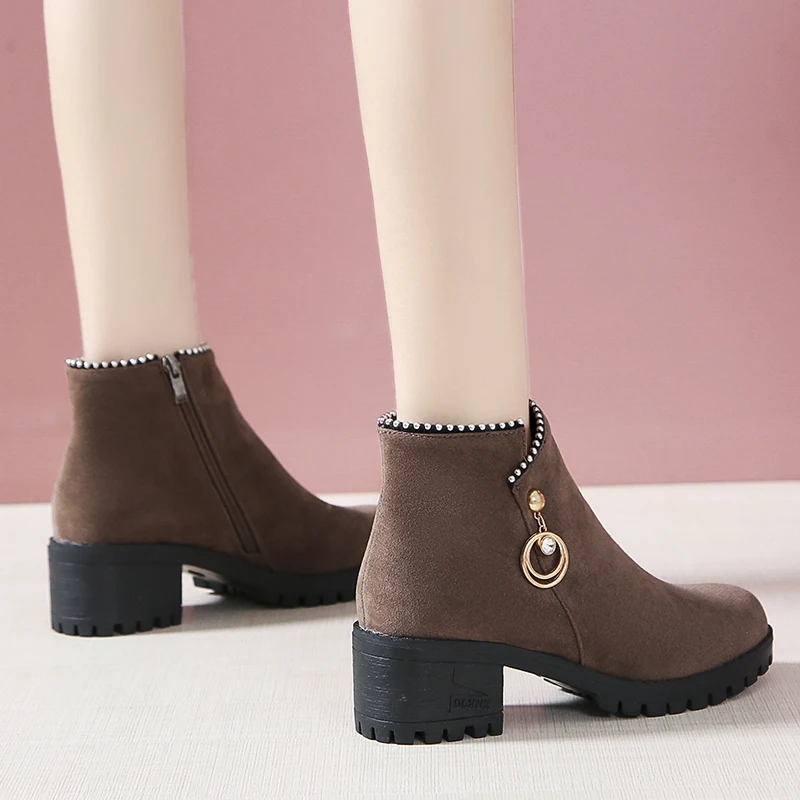Autumn Winter Warm Women Ankle Boots Square High Heels Leather Boots Pointed Martin Boots Casual Pumps