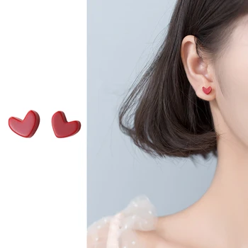 

Mocanie Simple Tiny Red Enamel Love Hearts Sterling Silver 925 Stud Earring for Women Girl Japanese Style Ear Pin Fine Jewelry