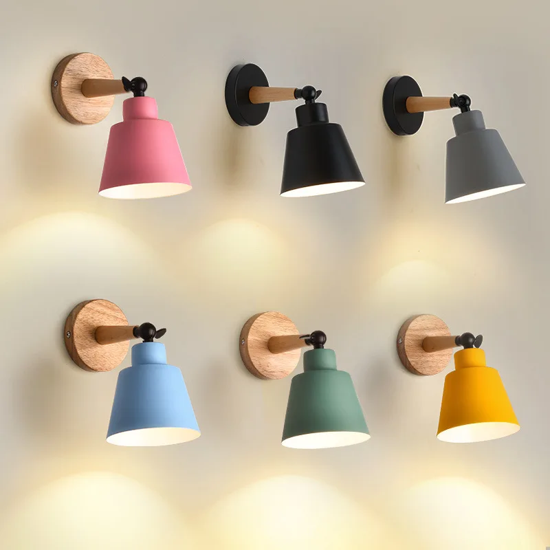 

Northern European-Style Solid Wood Bedroom Bedside Wall Lamp Modern Minimalist Creative Living Room Hallway Wall Macarons Trumpe